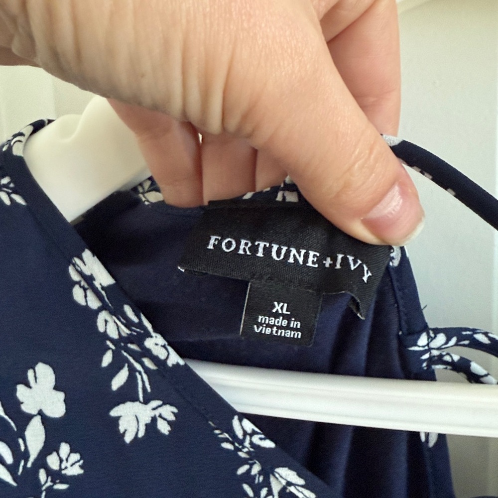 Floral Navy Blouse with Crisscross Back - Picture 2 of 4